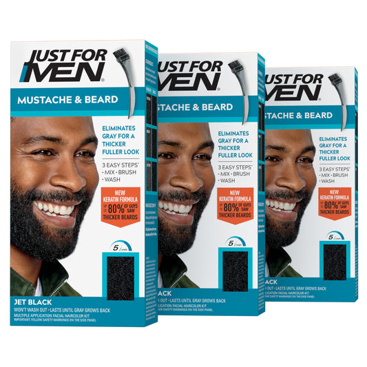 Just For Men Mustache & Beard, Beard Coloring for Gray Hair with Brush, With Keratin Biotin Aloe and Coconut Oil for Healthy Facial Hair - Jet Black