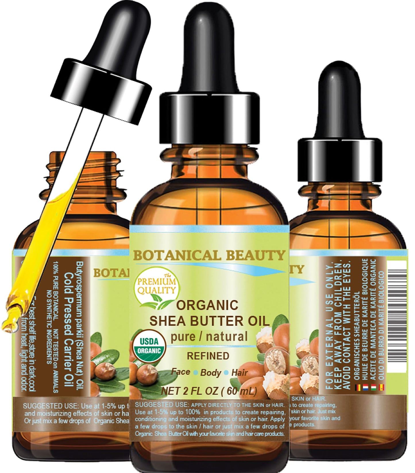 Botanical Beauty Organic SHEA BUTTER OIL 100% Pure Natural Undiluted Refined Cold Pressed Carrier Oil for Face, Skin, Hair, Lip, Nails. African Shea