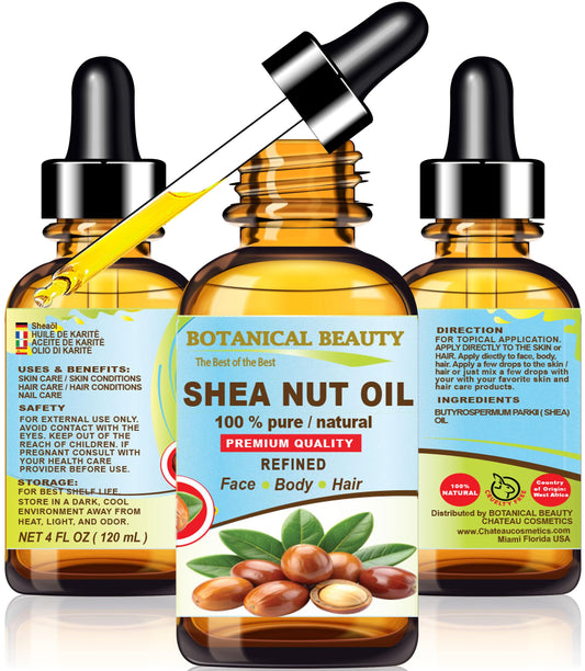 Botanical Beauty SHEA NUT OIL 100% Pure Natural Undiluted Refined Cold Pressed Carrier Oil for Face, Skin, Hair, Lip, Nails. (Karite) Nut Oil. Rich in