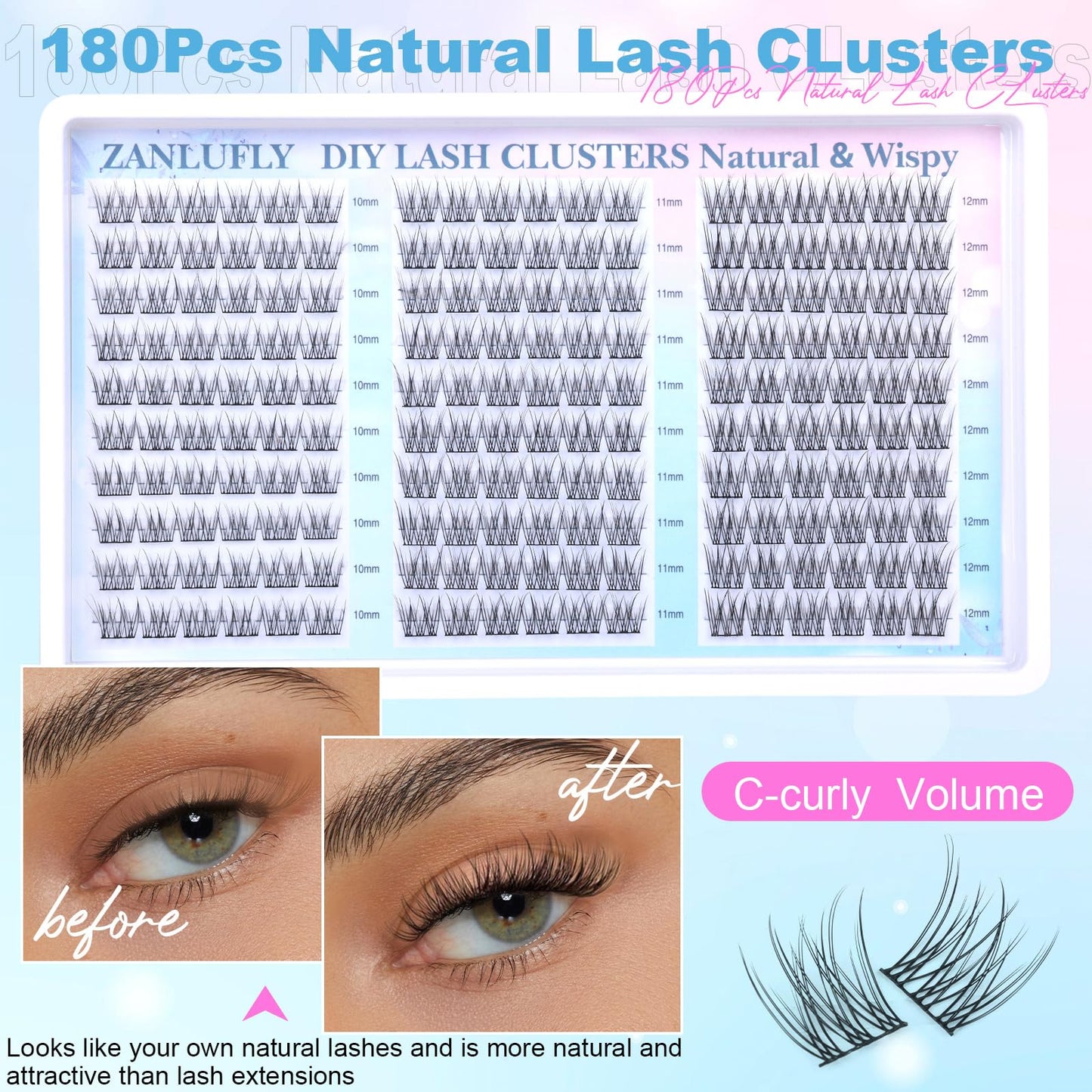 Lash Clusters Wispy Eyelash Clusters CC-Curly Cluster Lashes zanlufly Natural Individual Lashes 180Pcs Eyelash Extension 10-12MM DIY Lash Extension Beauty and Personal Care zanlufly