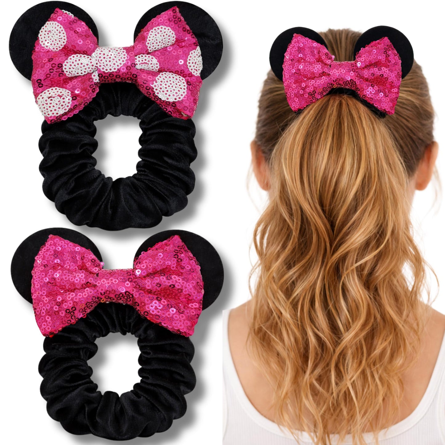 2 Pack Mouse Ear Scrunchies - Velvet Bow Hair Scrunchies with Sequin Ears - Cute Ponytail Holder Hair Accessories for Women by Styla Hair (Hot Pink) Beauty and Personal Care Styla Hair Default Title