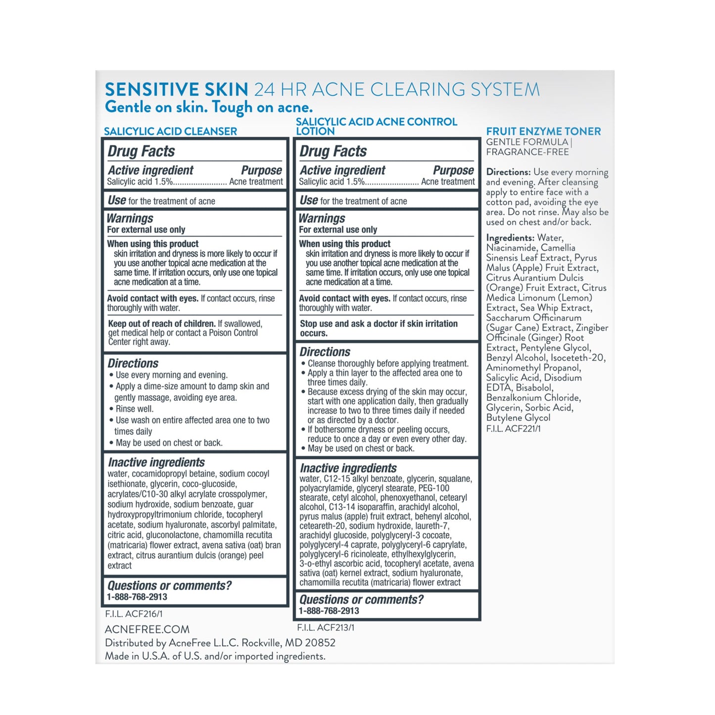 AcneFree 24Hr Acne Clearing System for Sensitive Skin, 3-Step Kit with 1.5% Salicylic Acid - Gentle, Alcohol-Free Cleanser, Toner & Lotion