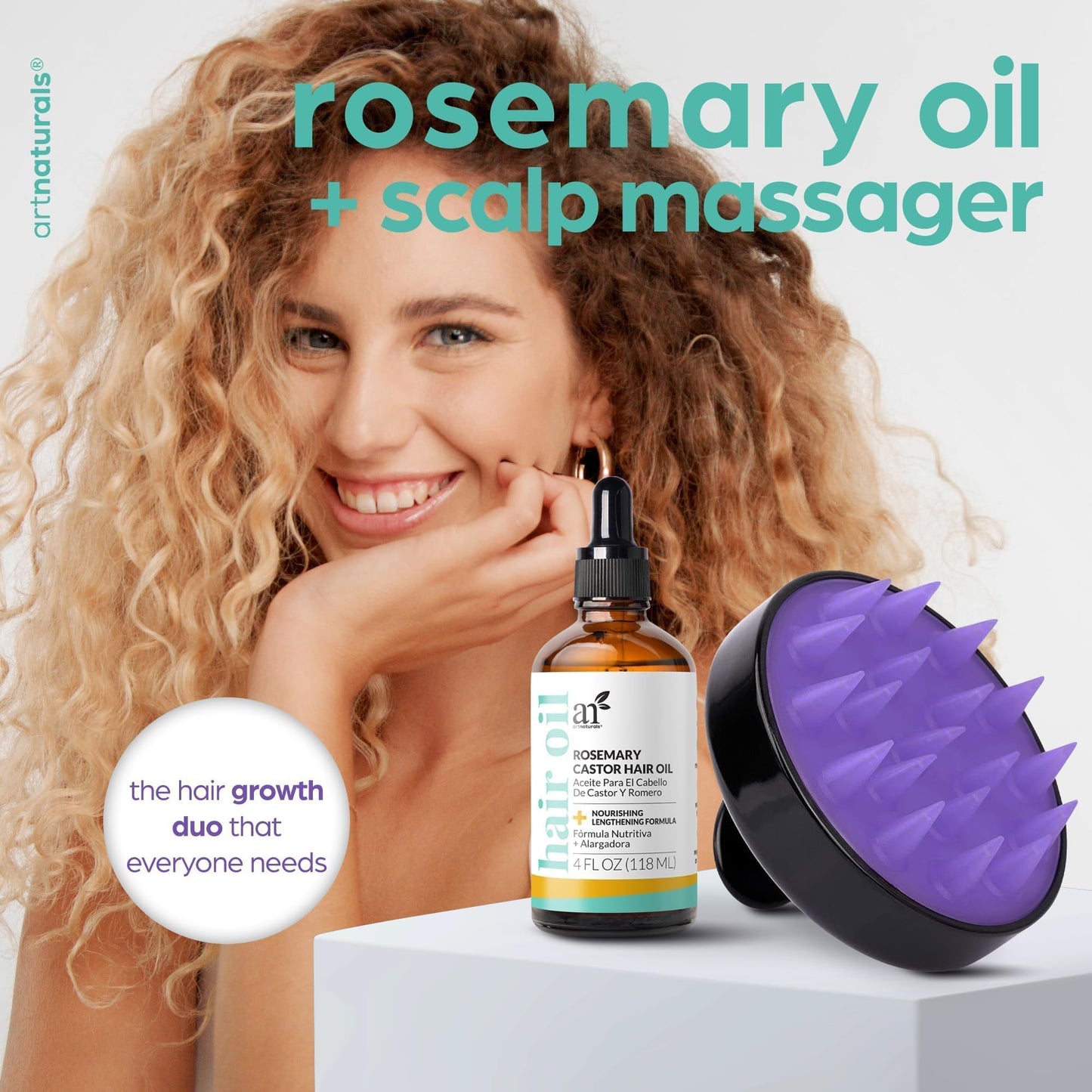 ArtNaturals Organic Rosemary Castor Hair Growth Tonic Oil + Massager Hair Regrowth Set, 4 oz with Coconut & Olive Oil, Scalp Treatment for Dry Beauty and Personal Care Artnaturals
