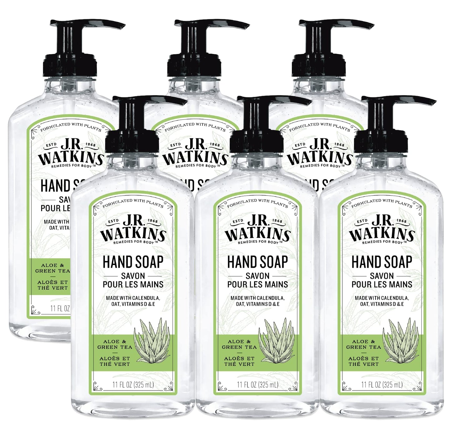 J.R. Watkins Gel Hand Soap, Scented Liquid Hand Wash for Bathroom or Kitchen, USA Made and Cruelty Free, 11 fl oz, Aloe & Green Tea, 6 Pack