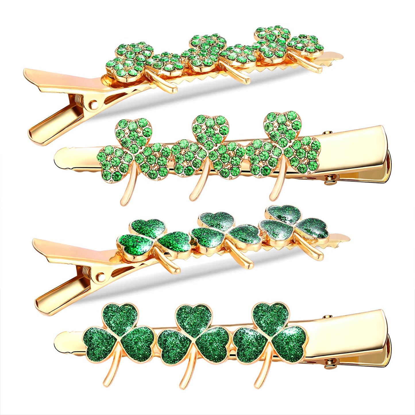 St.Patrick’s Day Hair Clips Crystal Glitter Shamrock Hairpins Green Lucky Leaf Embellished Gold Alligator Hair Clips for Party Gift (2 Pairs Lucky