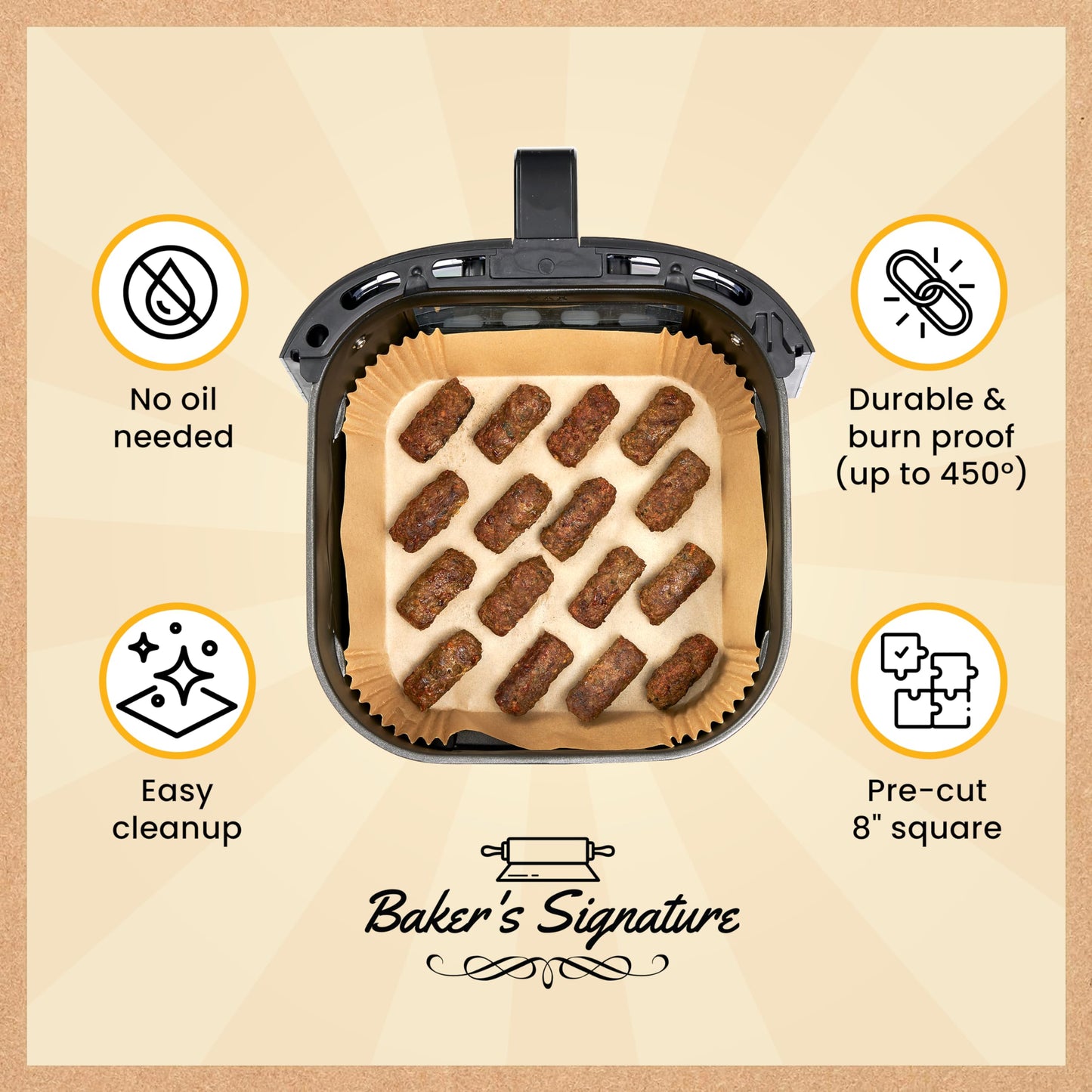Baker's Signature Air Fryer Paper Liners, 125-Pack Disposable 8" Square, Non-Stick & Oil-Proof for 5-8 Qt Baskets, Easy Cleanup