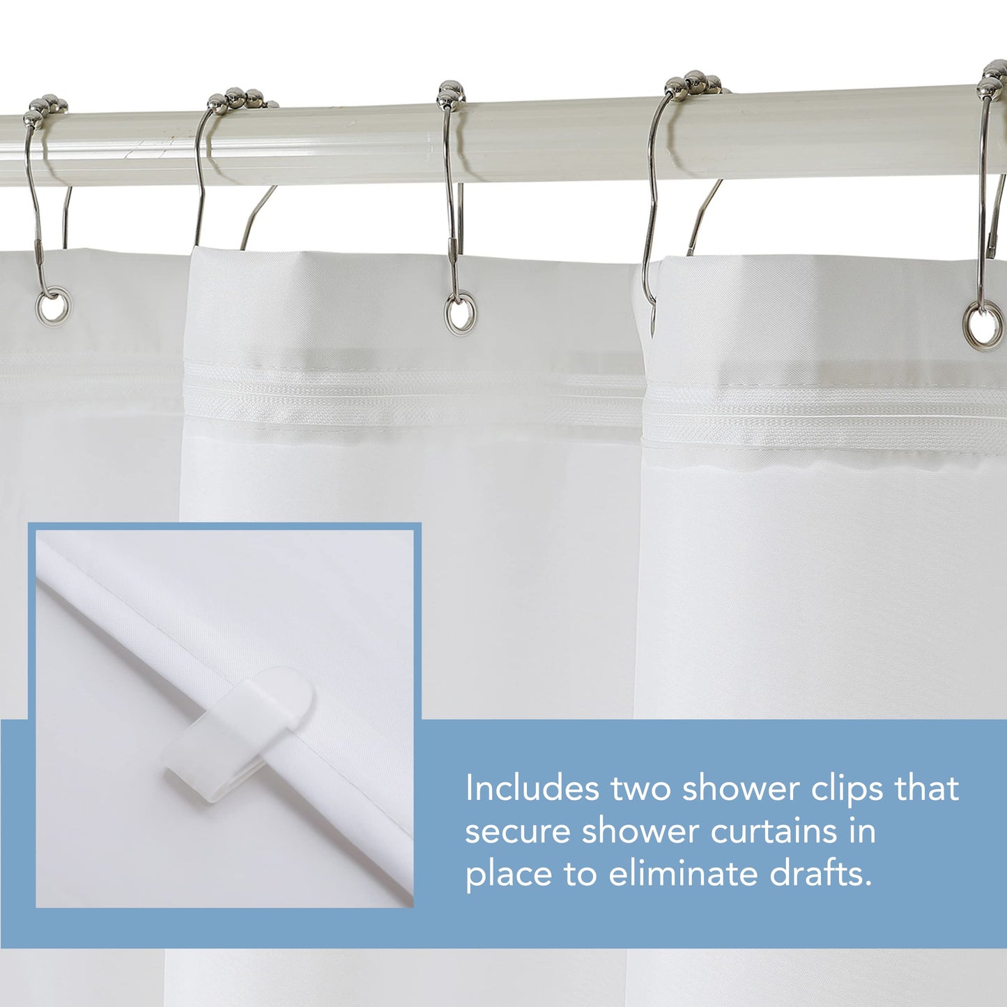 FRESH IDEAS Shower Curtain Liner with Shower Clips, Easy On/Off Liner with Zipper, Waterproof, White, Standard Size, 72 inches x 72 inches