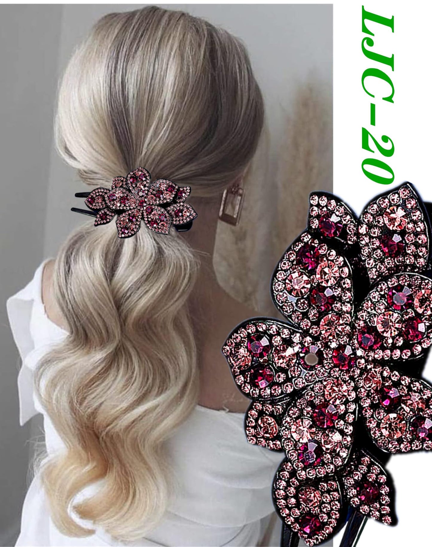 5 Pcs double flower decorative jeweled rhinestone hair clip pretty fancy floral thick crystal hair clips for women beautiful fashion designer asian