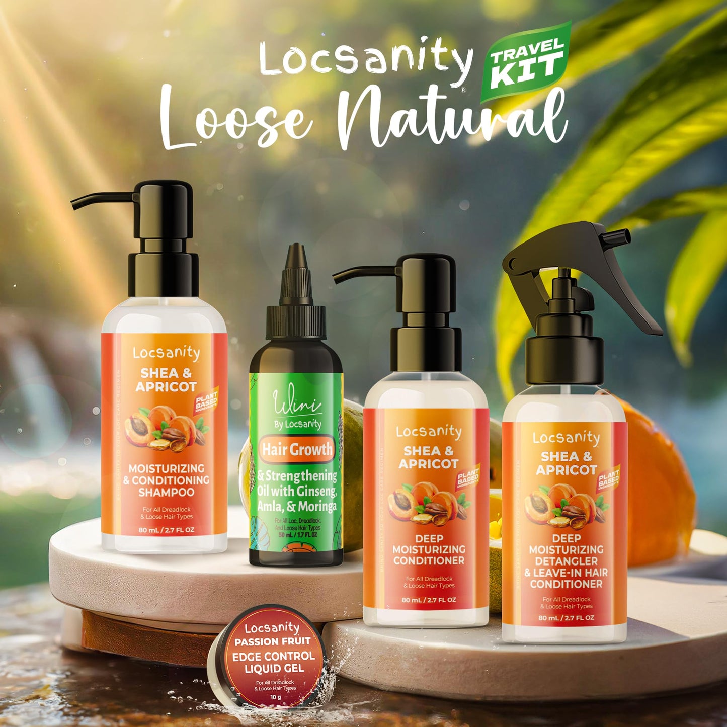 Locsanity Natural & Organic Loose Natural Sample Travel Kit, Gentle 2-in-1 Shampoo/Conditioner, Deep Moisturizing Conditioner, Hair Oil, Detangler