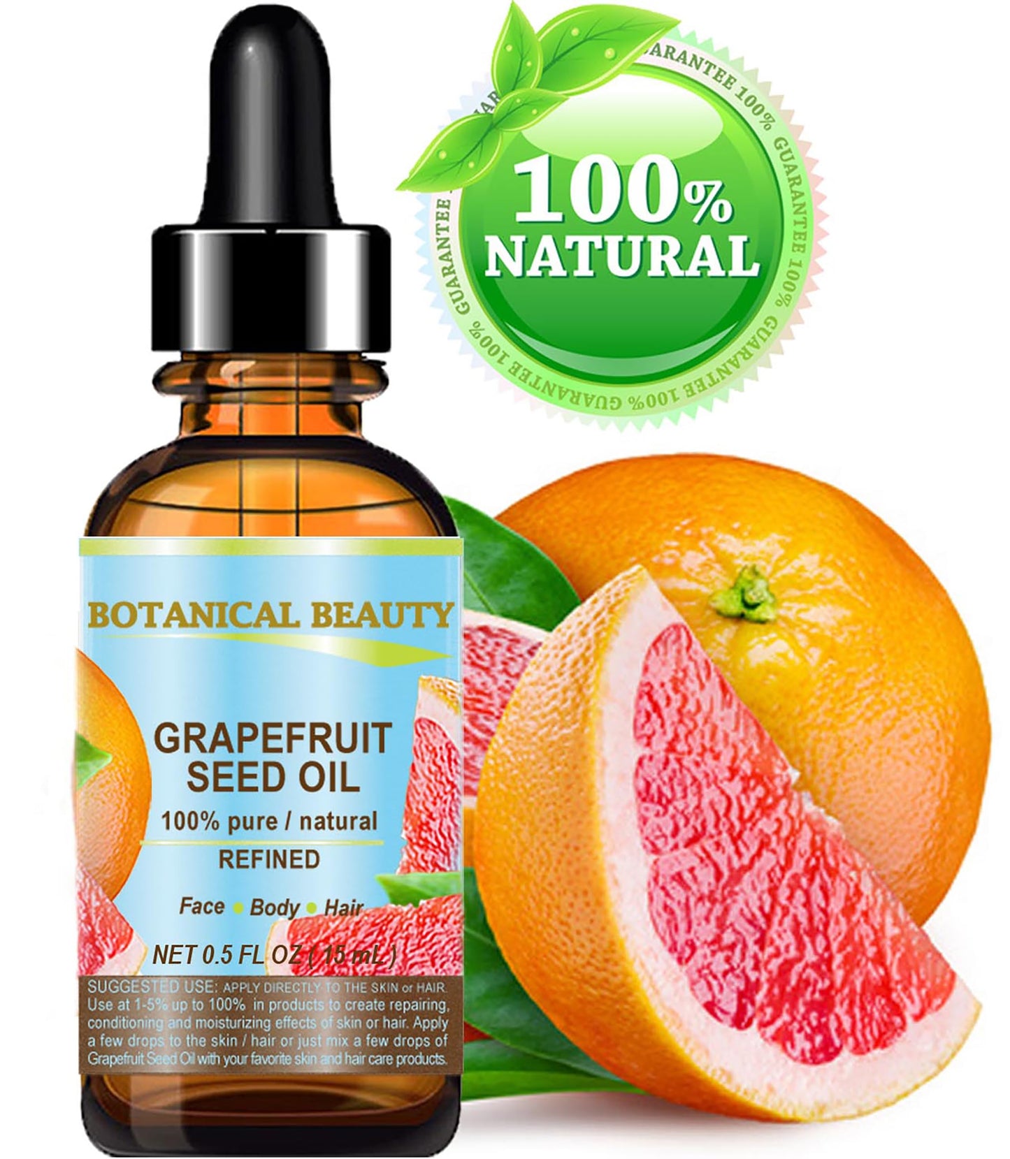 GRAPEFRUIT SEED OIL. 100% Pure / Natural / Undiluted /Refined COLD PRESSED CARRIER OIL (Not Essential Oil). 0.5 Fl.oz.- 15 ml. For Skin, Hair and Lip