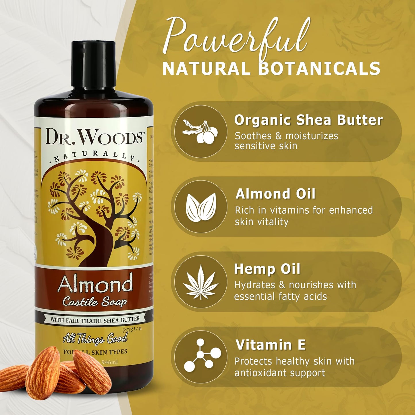 Dr. Woods Almond Liquid Castile Soap - Castile Soap with Pure Almond Oil, Body Wash for Men and Women, Organic Shea Butter, Natural Cleaner for Face