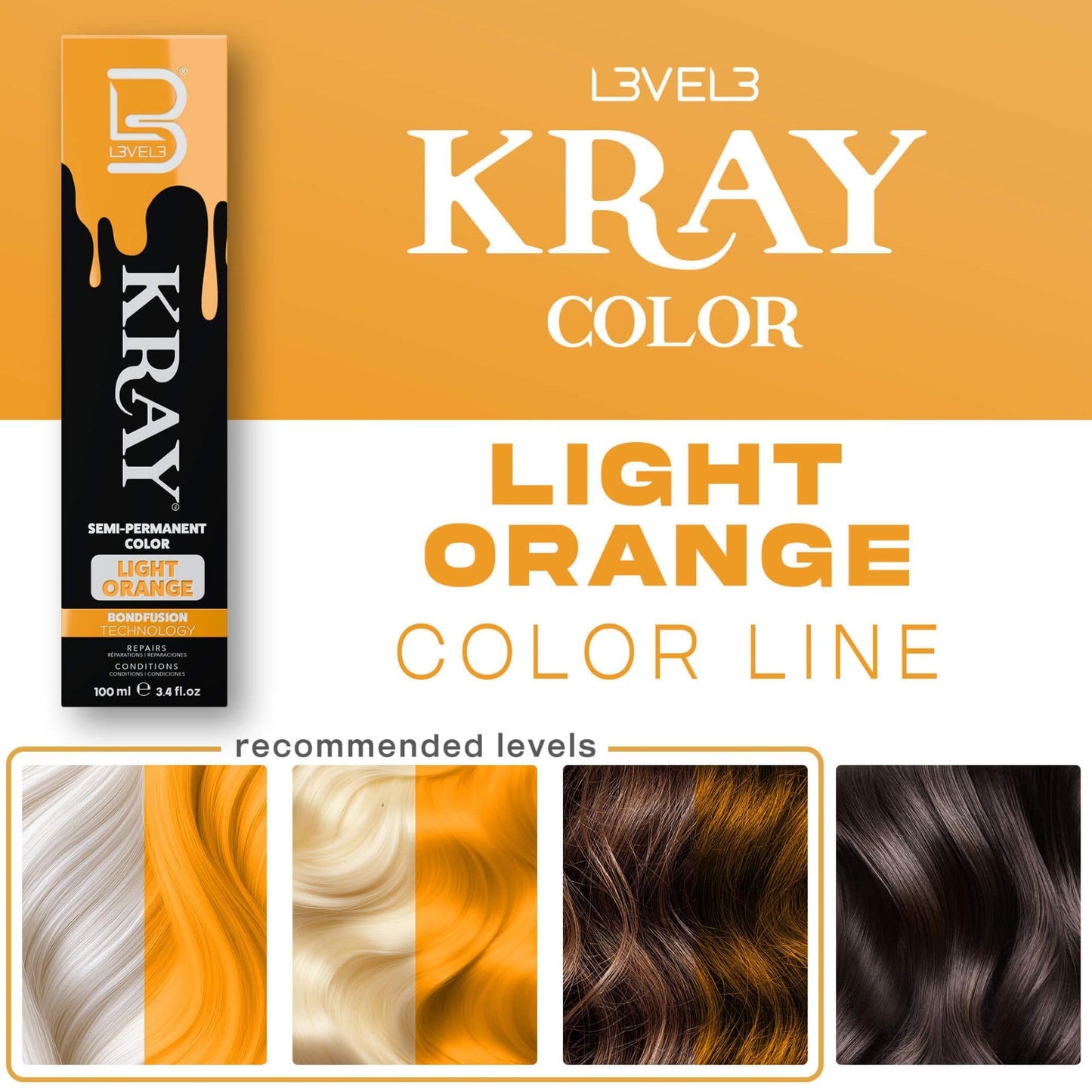 L3 - Level 3 Kray Semi Permanent Hair Color - Semi Permanent Hair Dye with Aloe Vera - Light Orange