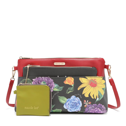 NICOLE LEE 3 Pieces Handbag Pouch Set, Removable Crossbody Strap, Large, Medium Small Zip Pouches, Travel Set (Be My Valentine)