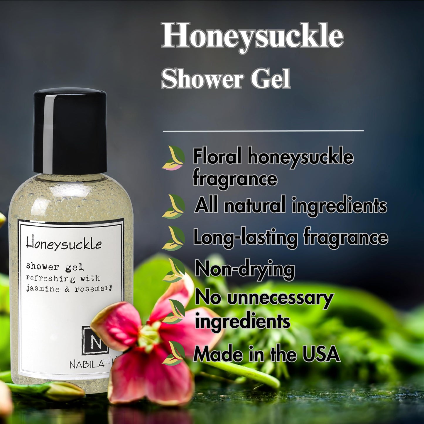 Nabila K Honeysuckle Shower Gel, Travel Size Refreshing Body Wash with Jasmine & Rosemary, 2 oz - Naturally Derived, Sulfate-Free, Paraben-Free - Made Beauty & Personal Care Nabila K