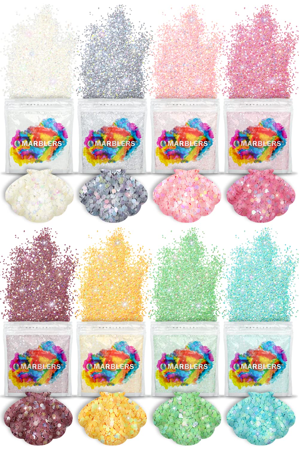 MARBLERS Holographic Glitter [Mermaid 8 Color Set] 4oz (112g) | Chunky | Non-Toxic, Vegan, Cruelty-Free | Face, Body, Eyeshadow, Hair, Party Makeup |