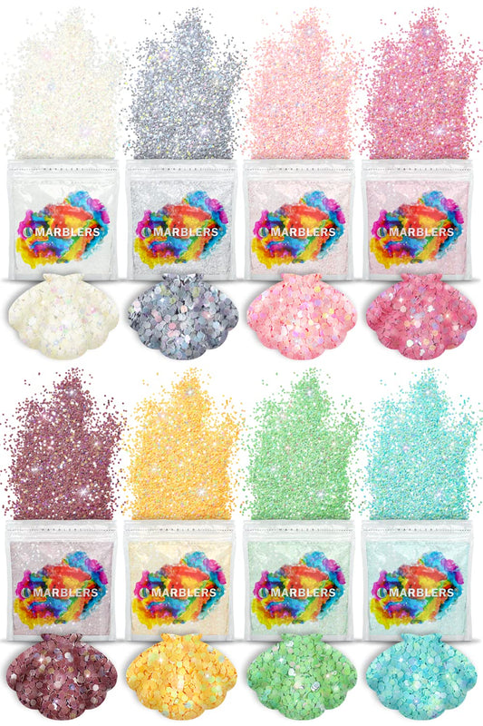 MARBLERS Holographic Glitter [Mermaid 8 Color Set] 4oz (112g) | Chunky | Non-Toxic, Vegan, Cruelty-Free | Face, Body, Eyeshadow, Hair, Party Makeup |