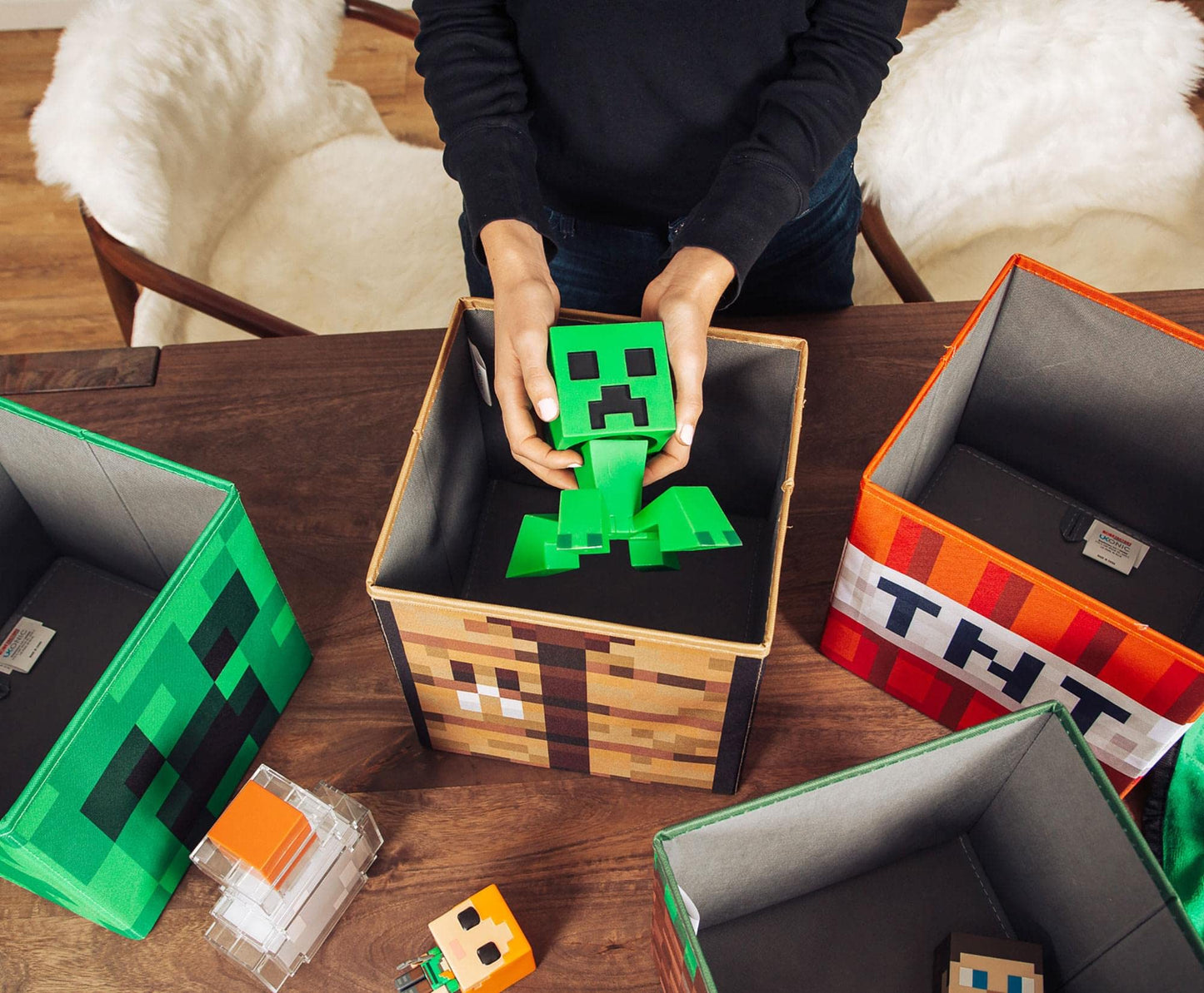 Minecraft 10-Inch Storage Set of 4 Bins | Includes Creeper, TNT, Grass, Crafting Table | Fabric Basket Container, Cubby Closet Organizer, Home Decor…