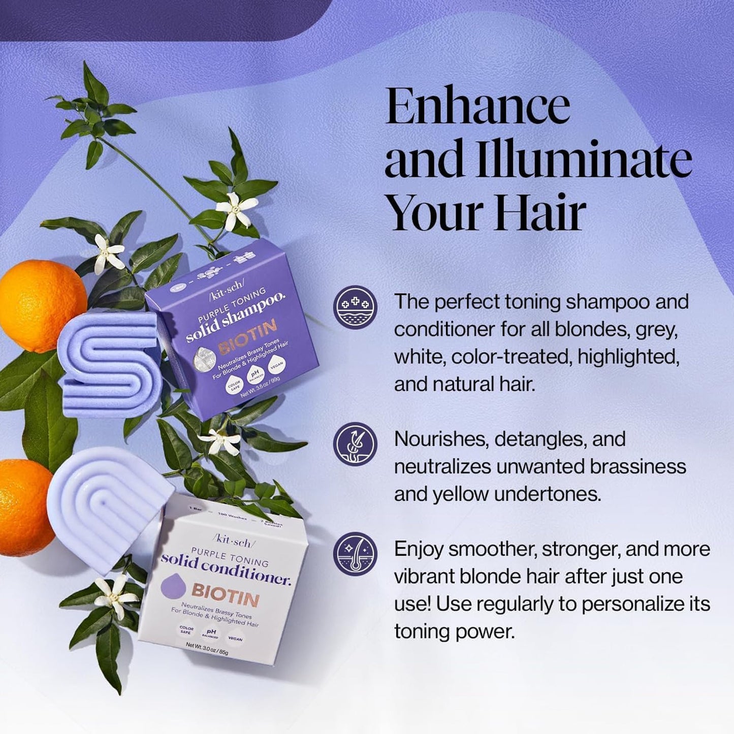 Kitsch Toning Purple Shampoo & Conditioner Bar Set For Blondes & Color Treated Hair - With Biotin for Strengthening & Neutralizing Brassy Tones