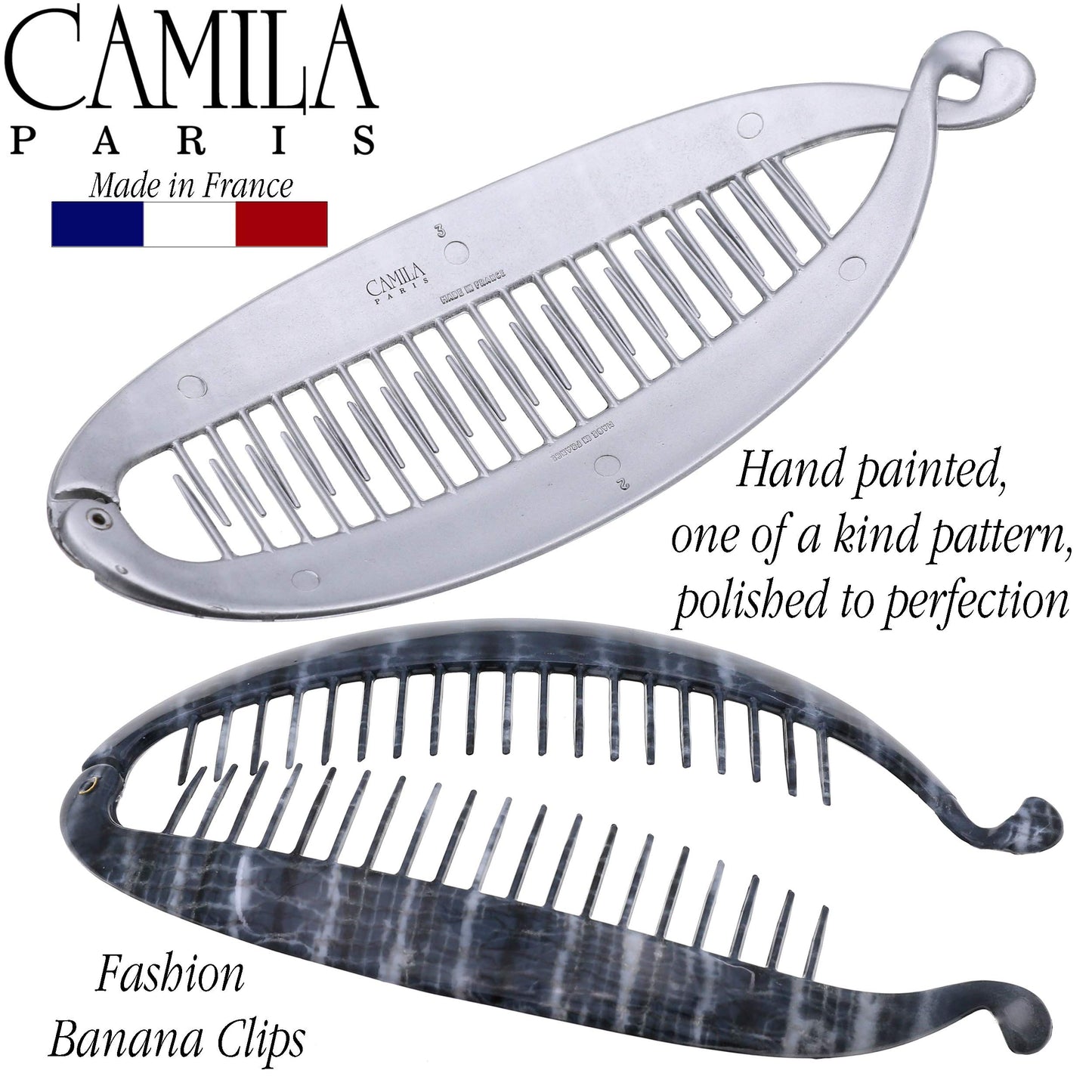 Camila Paris CP3100 French Extra Large Banana Clip Hair Comb, Gray Classic Banana Clips Hair for Thick Hair Ponytail Holder Interlocking Styling Clips