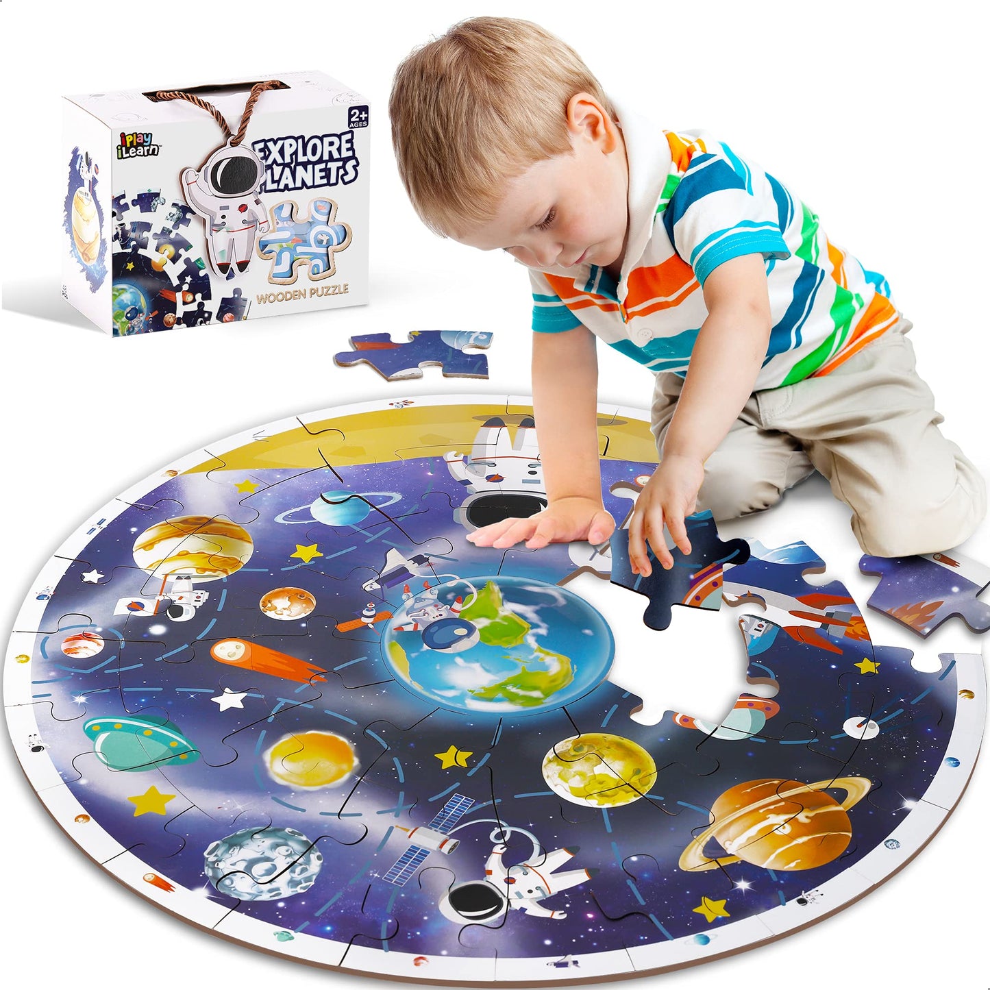 iPlay iLearn Floor Puzzle – Large Wooden Jigsaw for Kids Ages 3–8, Educational Solar System Planets Toy, Birthday Gift for Boys & Girls