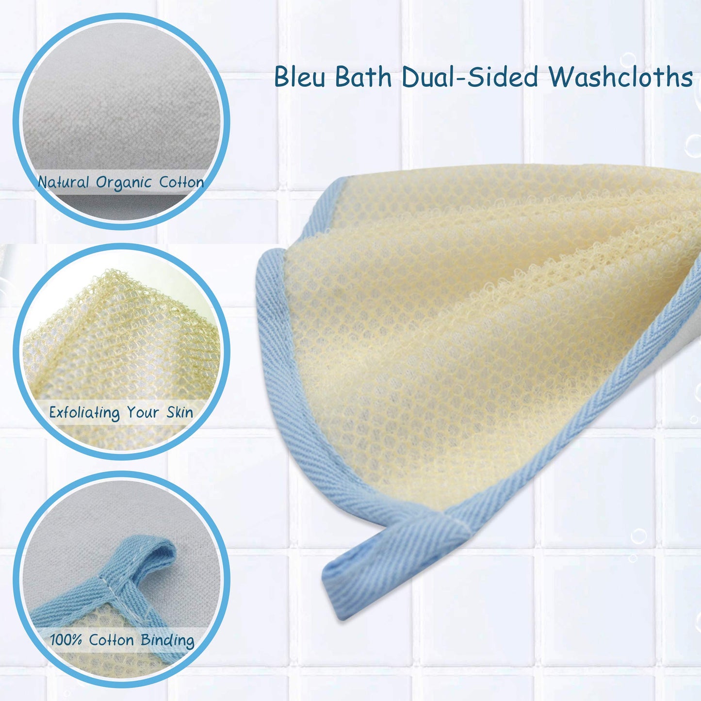 Bleu Bath (3 Pack) Dual-Sided Exfoliating Skin Towel Cotton Terry Body Cloth Scrubber Premium Sturdy Loofah Towel Soft and Buffing Wash Cloth White