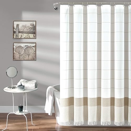 Lush Decor White Woven Cotton Shower Curtain with Taupe Stripe and Tassel Fringe, Bathroom Accessories (72" x 72")
