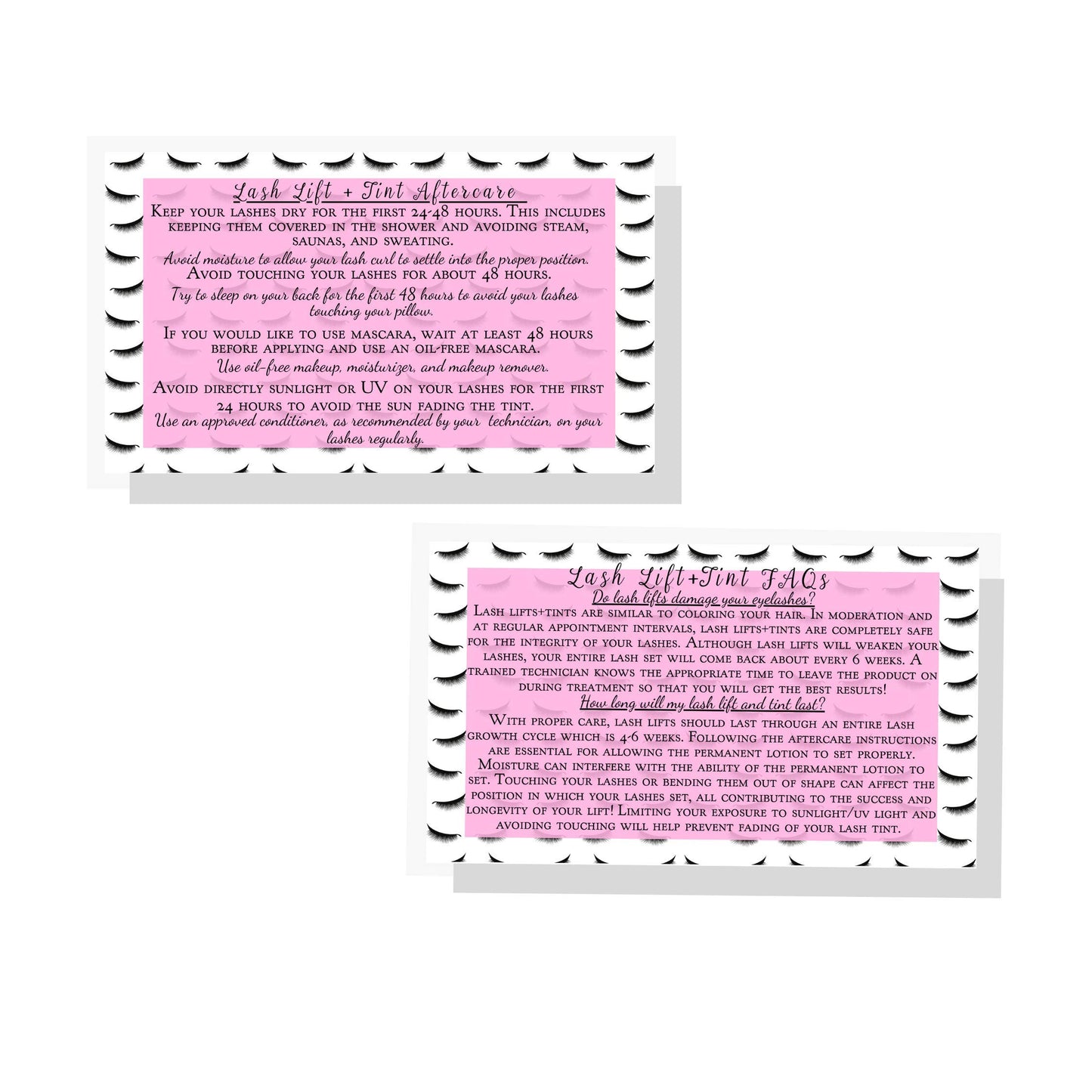 Lash Lift + Tint Aftercare Instruction Cards | 50 Pack | 2 x 3.5” inches Business Card Size | Eyelash Lift and Tint Kit at home diy aftercare supplies