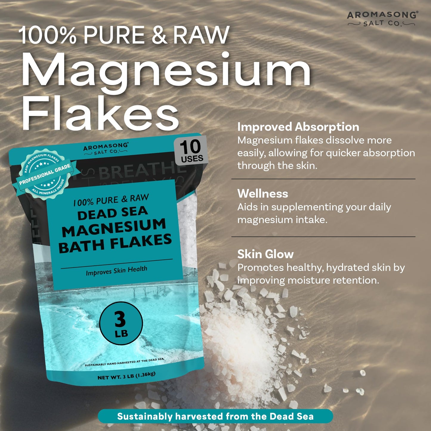 Aromasong Dead Sea Magnesium Flakes for Bath - More Than 16,325 Mg Magnesium Chloride per Bath - Superior Alternative to Epsom Salt - Used as Muscle Beauty and Personal Care Aromasong