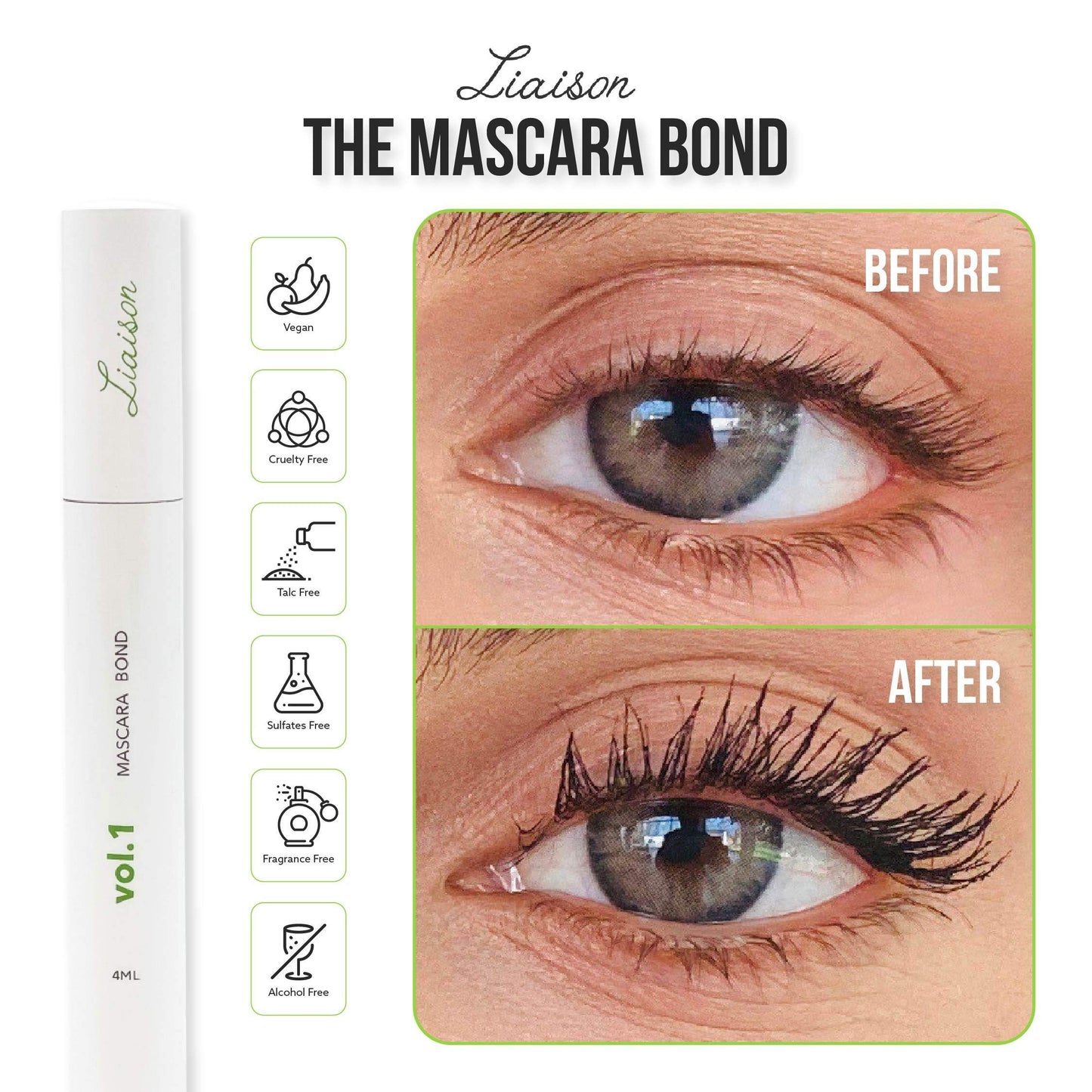 Mascara Bond (4ml) Volumizing & Lengthening Mascara with Peptide Growth Complex for Long Lashes - No Clump, No Glue with Lash Growth Serum - Enhance