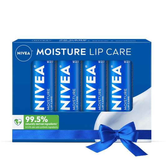 NIVEA Moisture Lip Care, Hydrating Lip Balm with Shea Butter, Nourishing Oils and Vitamin C & E, 3-in-1 Moisture, Repair and Nourish, Holiday Gifts