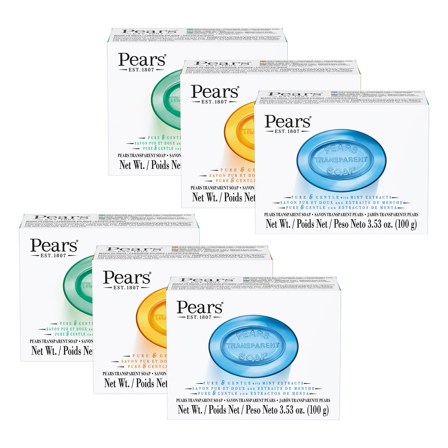 Pears Variety 6 Pack - Pure and Gentle Bar Soap with Glycerin - Includes Lemon Flower, Mint Extracts, and Amber - Soap Bar for Women and Men - 6 pc