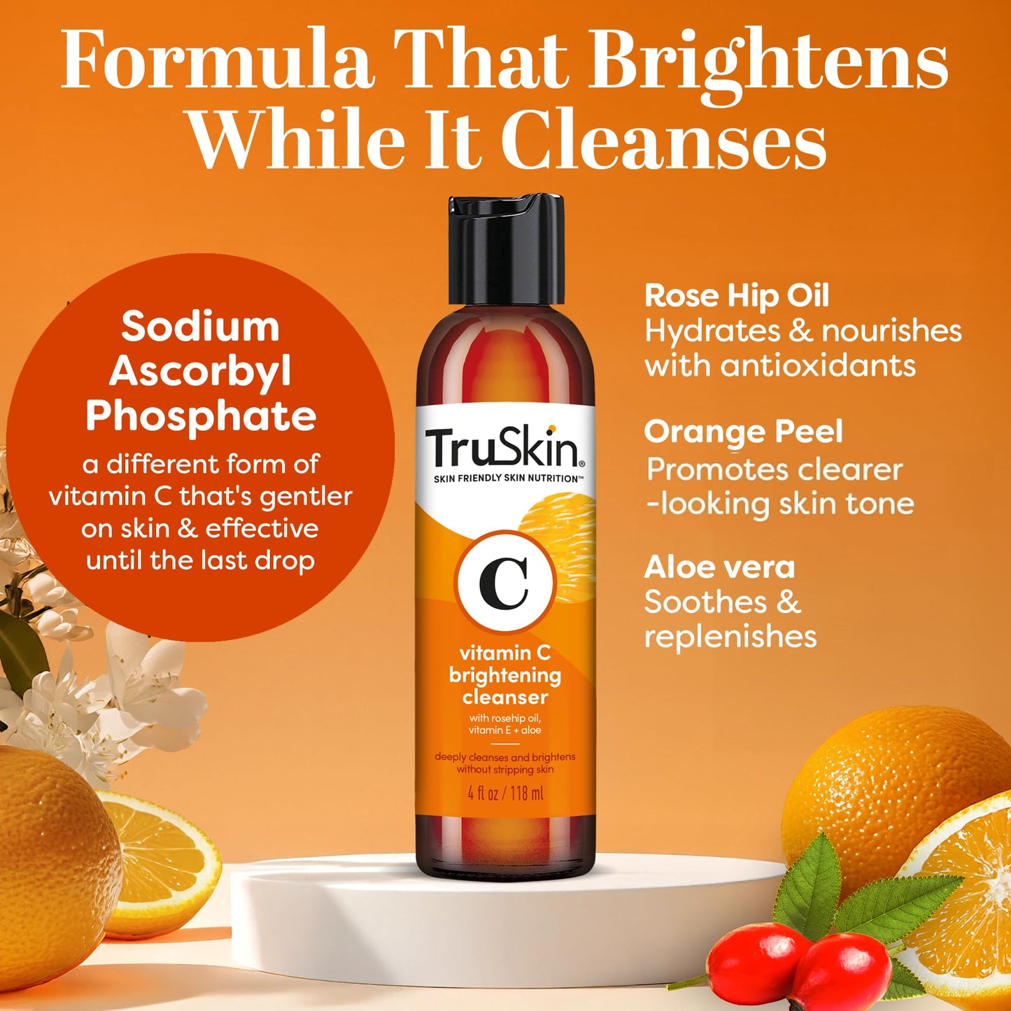 TruSkin Vitamin C Cleanser for Face - Brightening Face Wash with Vitamins C & E, Rosehip Oil, Aloe Vera and MSM - Deep Clean and Refresh for Radiant