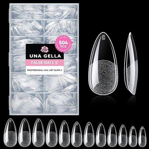 UNA GELLA Almond Gel Nail Tips, 504PCS Pre Etched Clear Fake Nails Tips Medium Almond Shape - 12 Sizes Full Cover Soft Acrylic Press On Nail