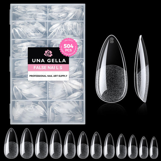 UNA GELLA Almond Gel Nail Tips, 504PCS Pre Etched Clear Fake Nails Tips Medium Almond Shape - 12 Sizes Full Cover Soft Acrylic Press On Nail