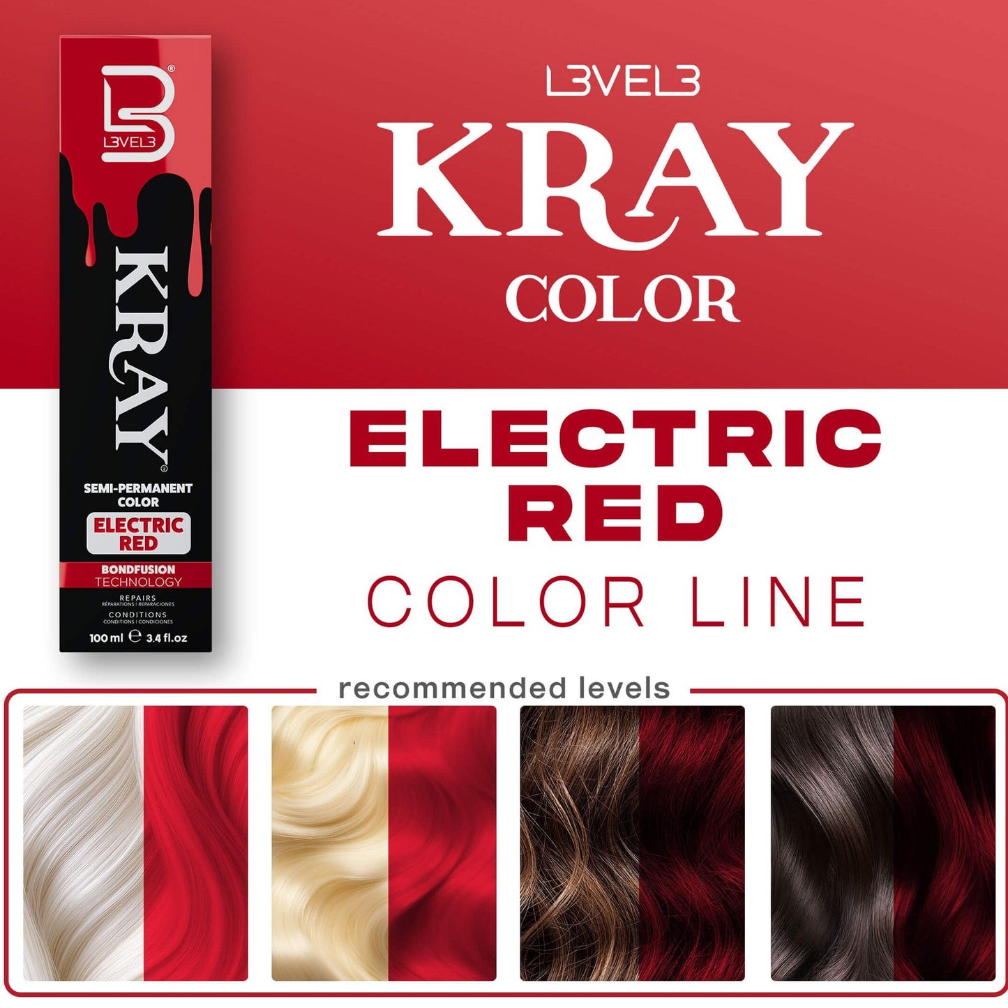 L3 - Level 3 Electric Semi Permanent Hair Color - Vibrant Long Lasting Shine - Argan Oil Protection - 100 ml - Electric Red