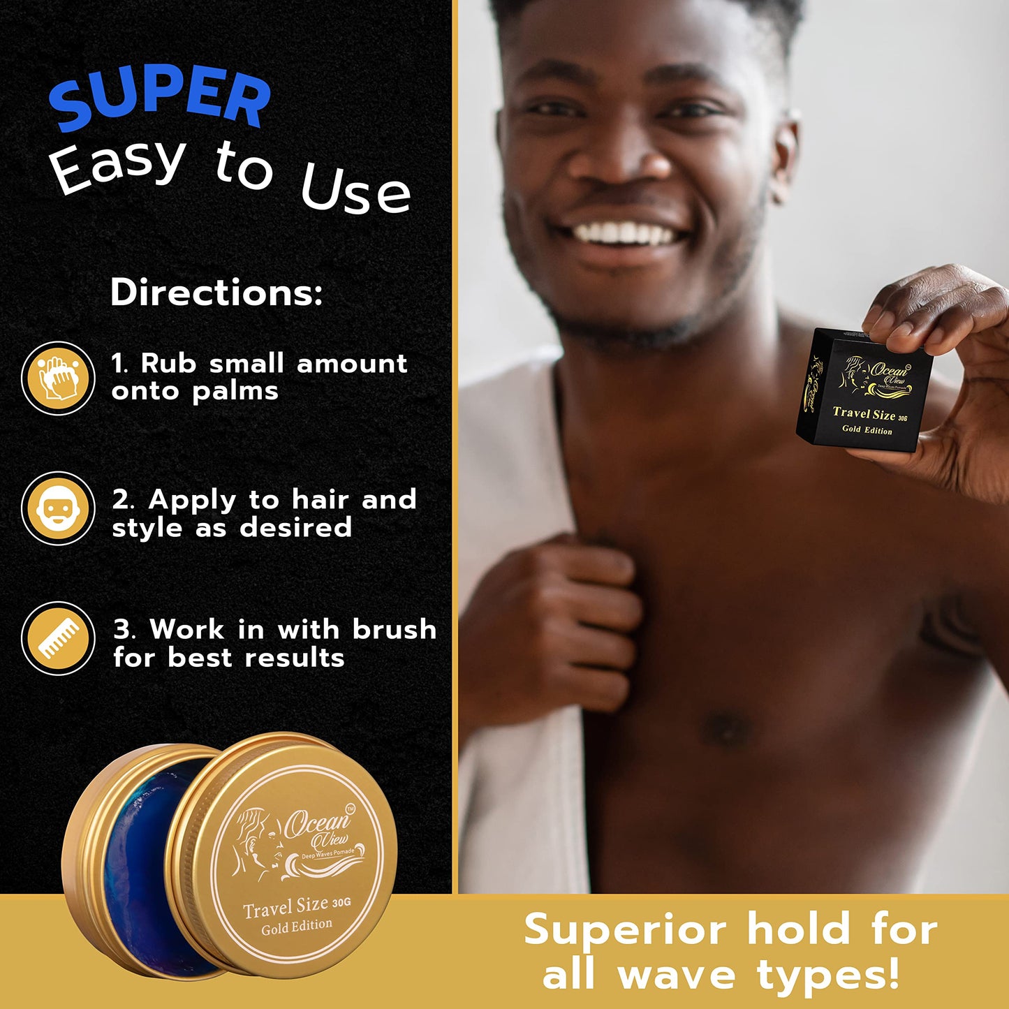 OCEAN VIEW DEEP WAVES POMADE, Gold Edition 360 Wave Grease for Men Moisturizes, Controls and Styles Black Hair - Water Based Wave Builder Pomade