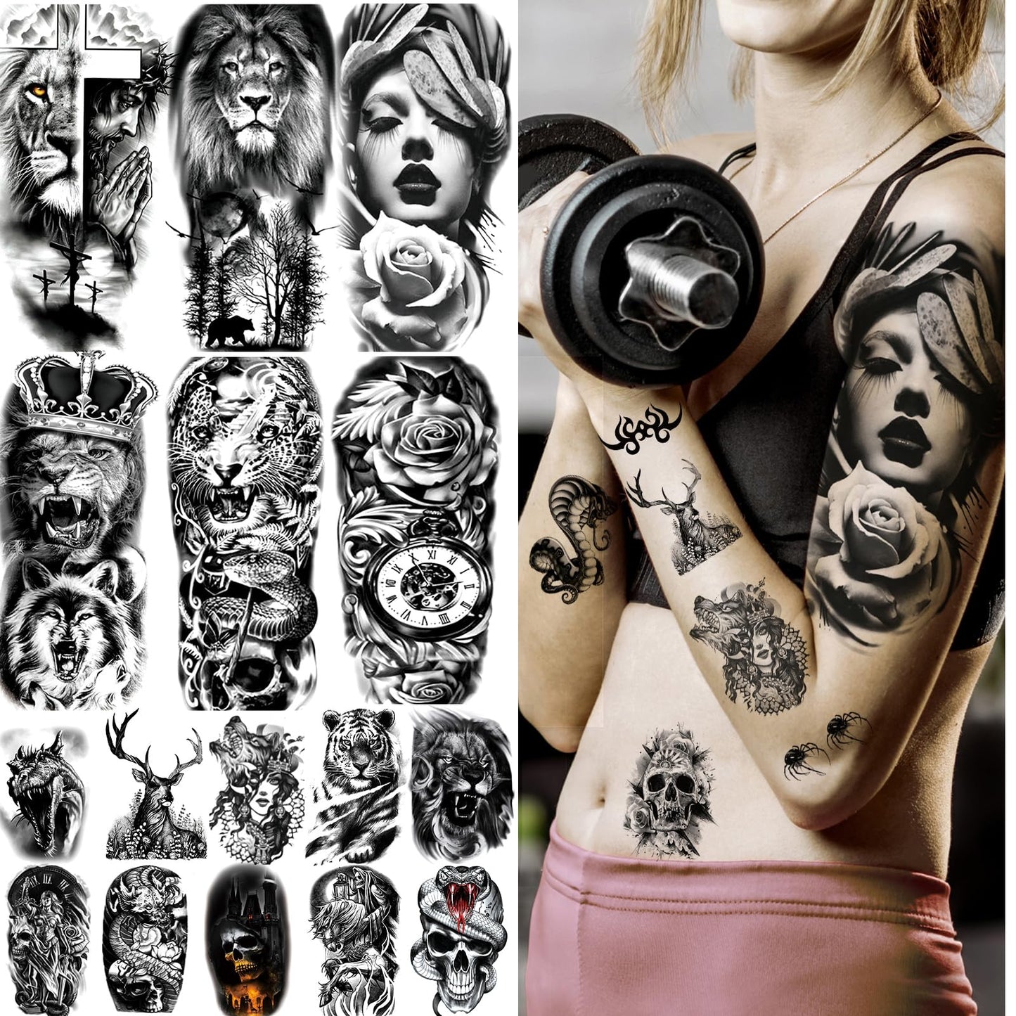 JEEFONNA 82 Sheets Temporary Tattoo for Men Women Adults, Include 12 Sheets Black 3D Half Sleeve Temporary Tattoos, Halloween Tattoos Scary Lion Wolf Beauty and Personal Care JEEFONNA