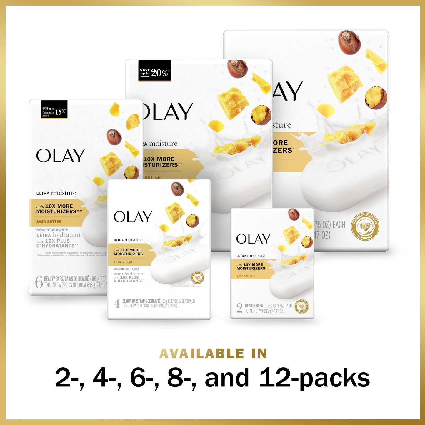 Olay Moisture Outlast Ultra Moisture Shea Butter Beauty Bar with Vitamin B3 Complex, 3.75 oz, (Pack of 6)