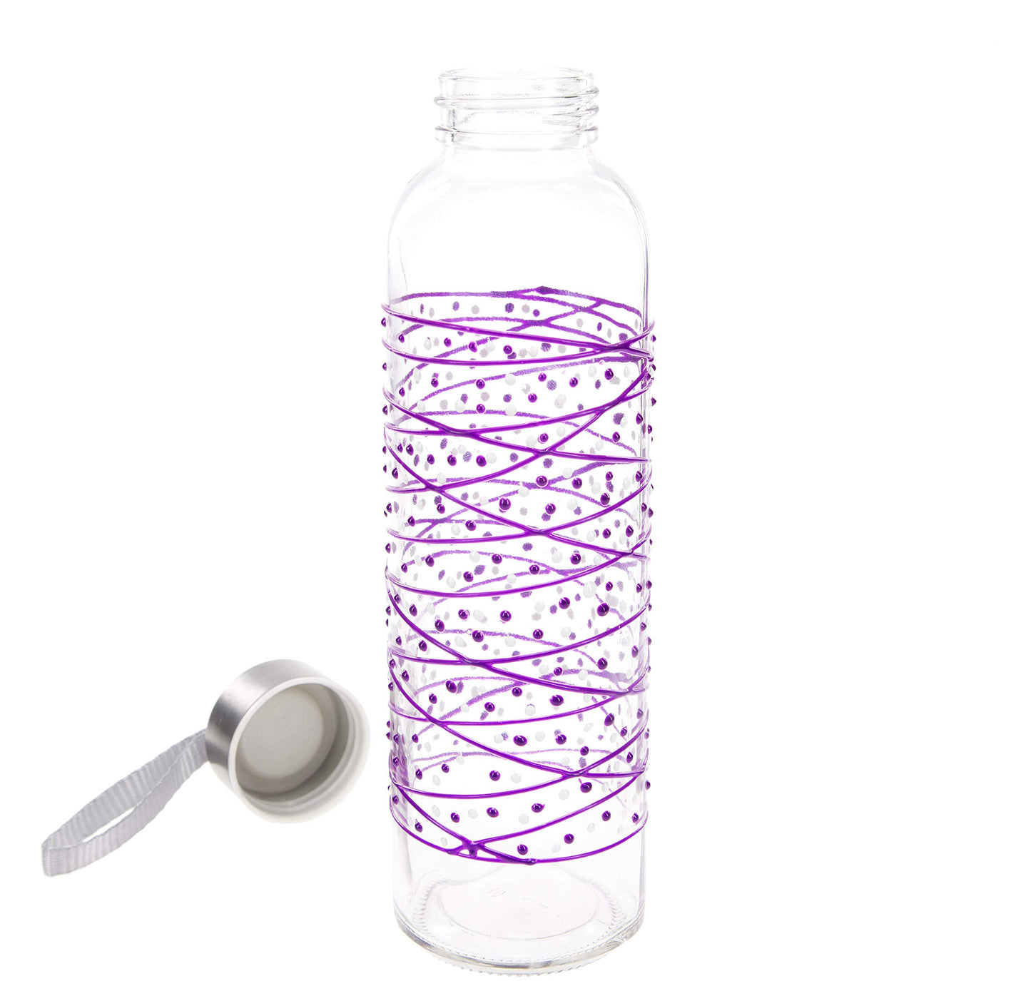 Pavilion Gift Company 16.5 Oz Hand Decorated Glass Water Bottle With Sealed Metal Twist Off Lid Purple & White Polka Dot Tangle, Purple