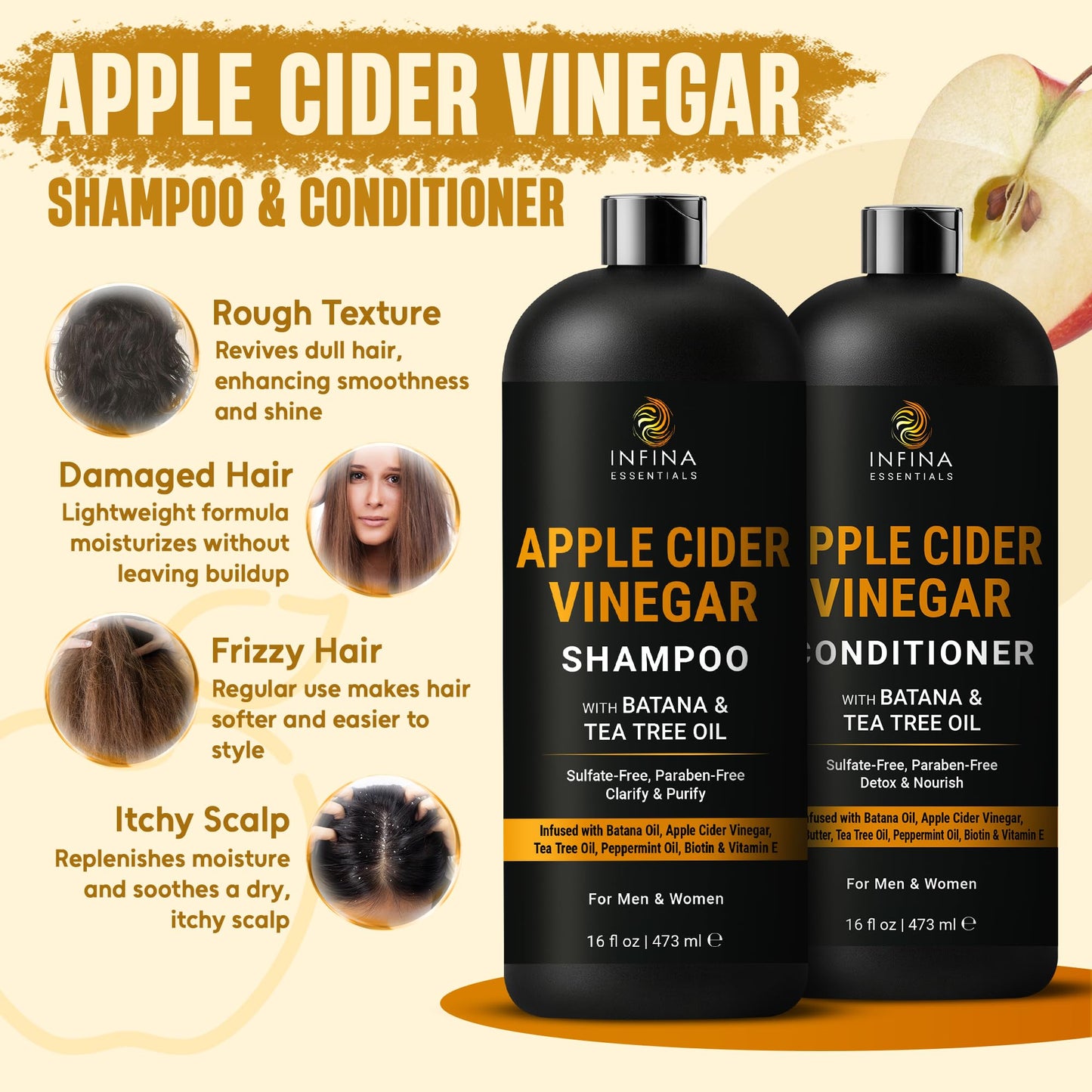 INFINA ESSENTIALS Apple Cider Vinegar Shampoo and Conditioner Set | Clarifying & Detoxifying for Oily Scalp | 16 fl oz Each | with Batana Oil, Biotin
