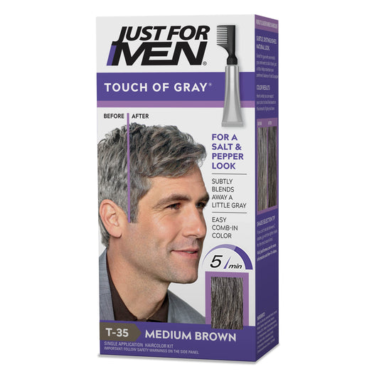 Just For Men Touch of Gray, Mens Hair Color Kit with Comb Applicator for Easy Application, Great for a Salt and Pepper Look - Medium Brown, T-35, Pack