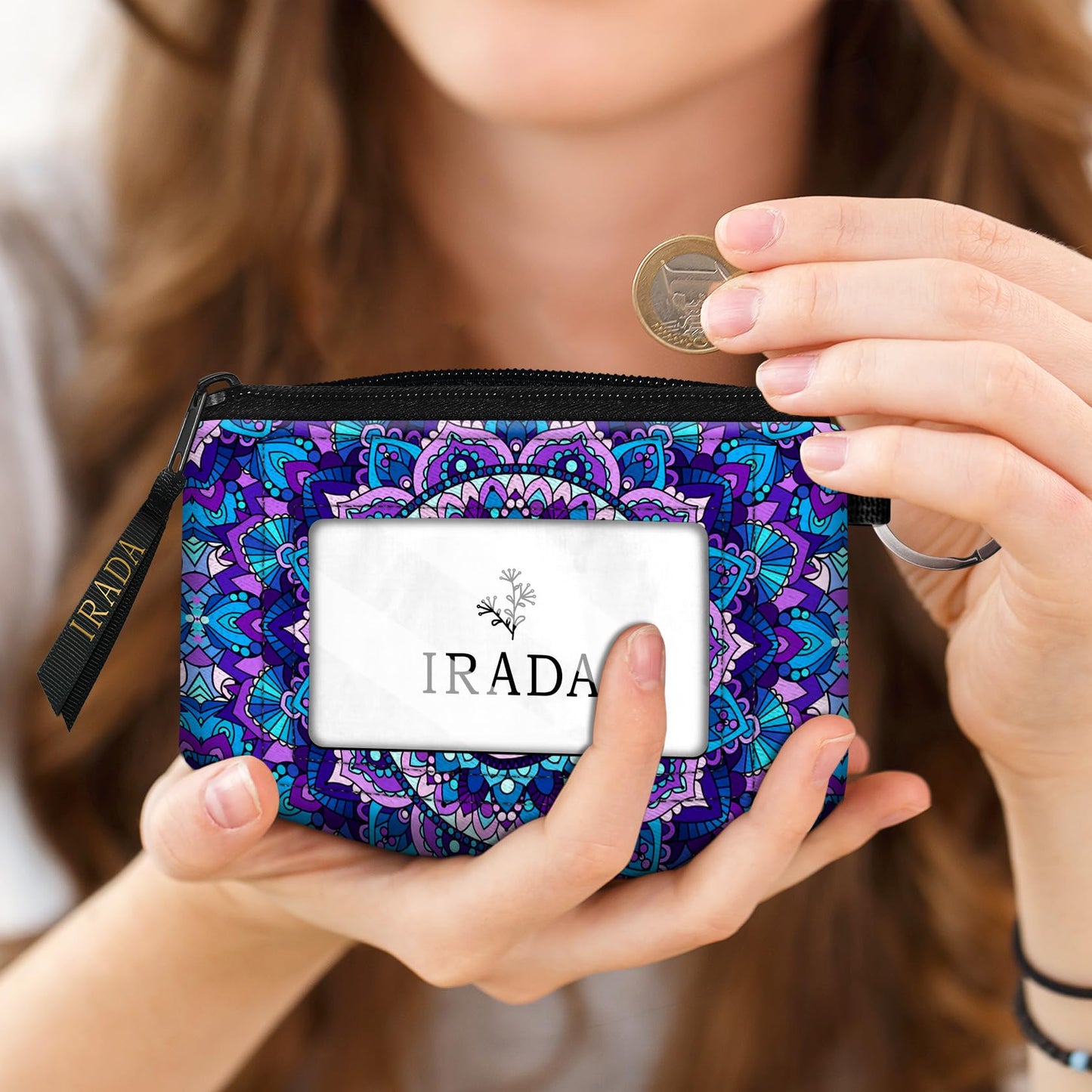 Irada Id Case Wallet Keychain With Clear Window Zipper Cute Coin Purse For Women Water Resistant Small Pouch-Purple Mandala Flower
