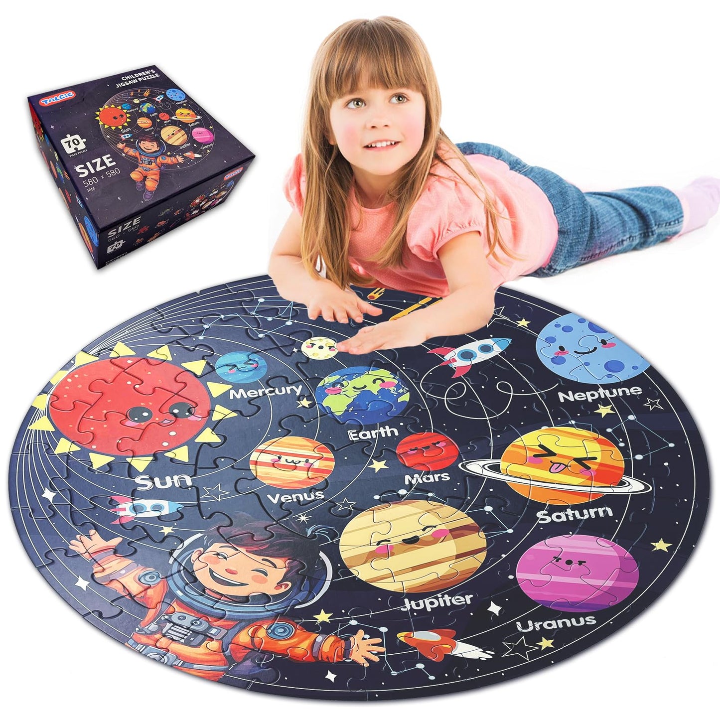 TALGIC Solar System Floor Puzzle – 70-Piece Round Jigsaw for Kids Ages 3–8, Educational Toy & Gift for Boys & Girls Ages 4–6