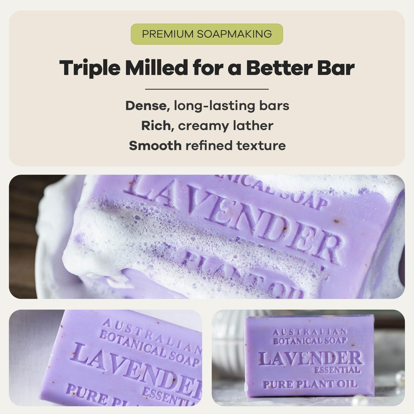 Australian Botanical Soap, 6.6 OZ, Lavender and Essential Oil, Triple Milled Bars made with a Natural Soap Base and Enriched with Organic Shea Butter