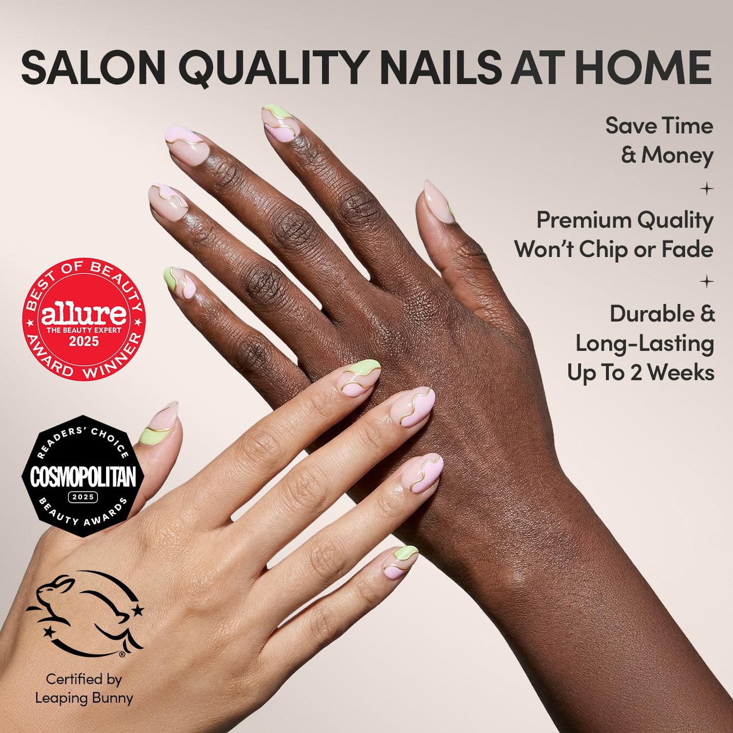 Glamnetic Press On Nails - Short Oval Fake Nails, Pink & Green Swirl Nails with Gold Foil Accents, Strawberry Matcha | 15 Sizes - 30 Nail Kit Beauty and Personal Care Glamnetic