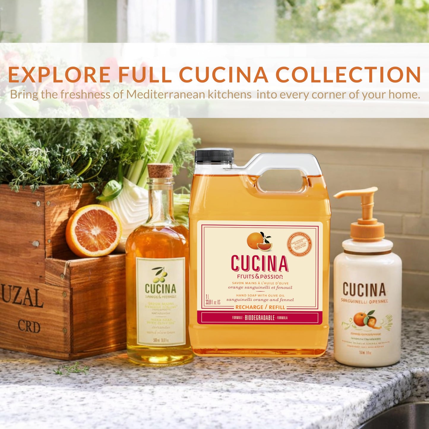 Cucina Fruits & Passion Hand Soap Refill, Orange & Fennel, 1 L (33.8 fl oz), Liquid Hand Soap with Moisturizing Olive Oil, Biodegradable, Vegan