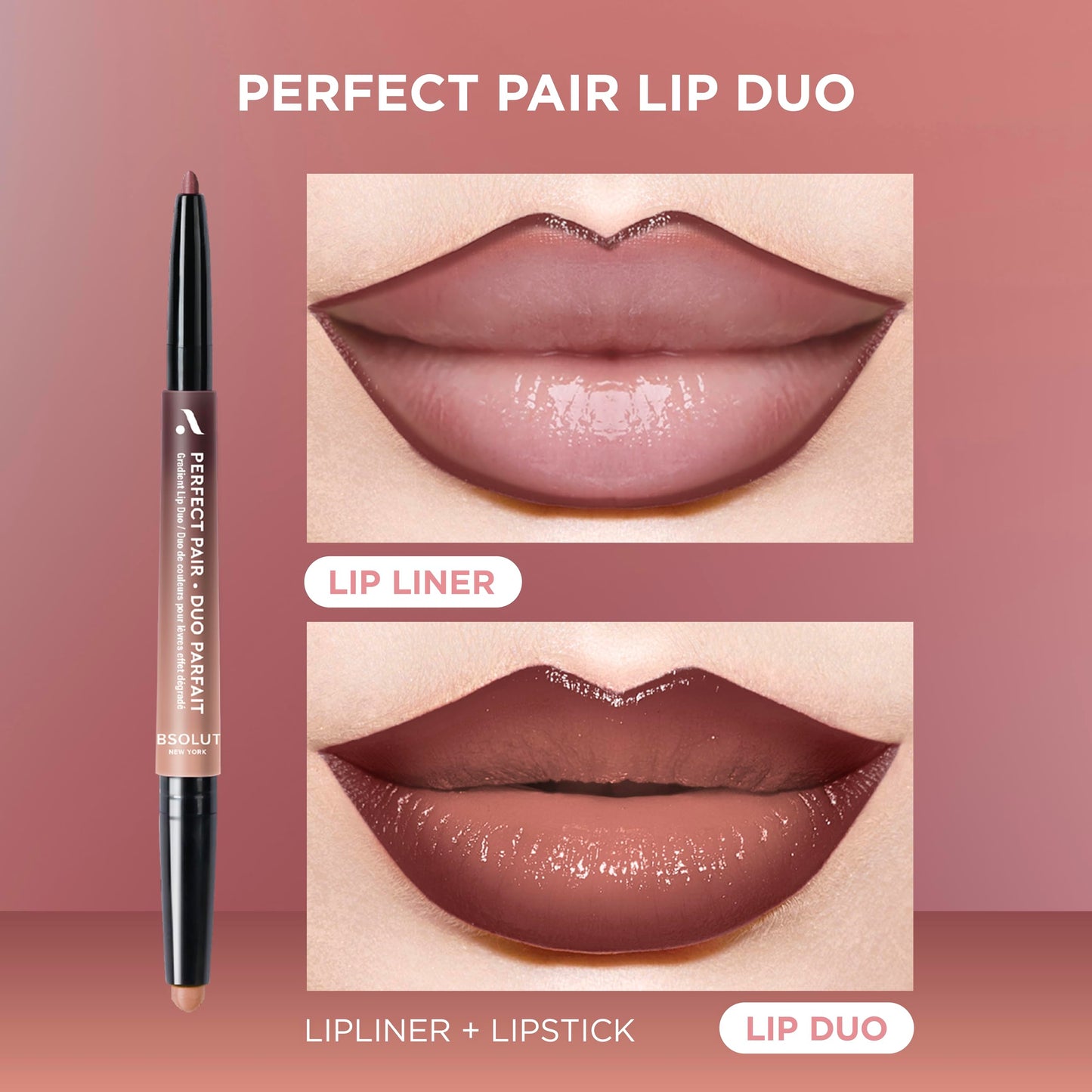 Absolute New York ALD05 Perfect Pair Lip Duo, Fuller and Poutier Lips, Deeper Shade For Lip Contouring, Satin Lipstick and Lip Liner