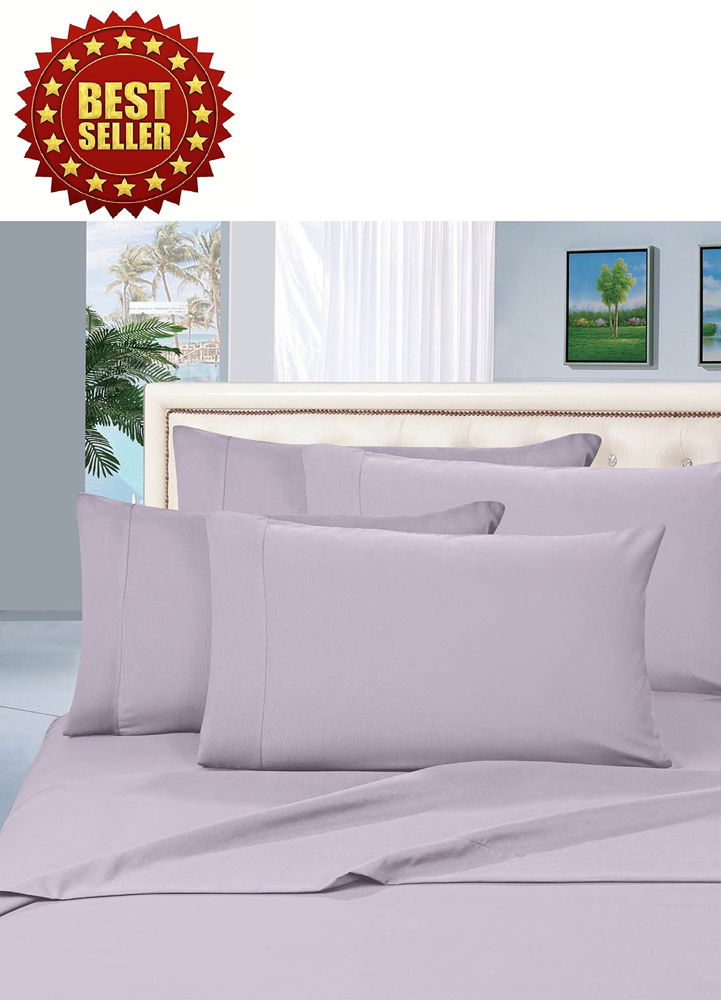 CELINE LINEN Wrinkle and Fade Resistant 1800 Premier Luxurious 5-Piece Bed Sheet Set, Deep Pocket up to 16 inch, Split King, Lilac