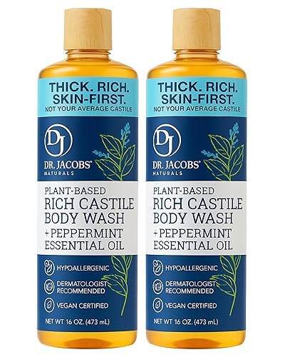 Dr. Jacobs Naturals Pure Castile Soap Liquid Body Wash, Peppermint - Plant Based Soap Infused with Vitamin E and Aloe Vera to Moisturize Dry