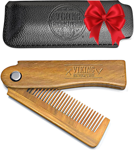 Folding Beard Comb w/Carrying Pouch for Men - All Natural Wooden Beard Comb w/Gift Box - Green Sandalwood Comb for Grooming & Combing Hair, Beards